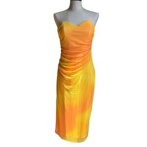 Zara Womens Yellow Orange Ombre Ruched Mesh Strapless Midi Dress Size L